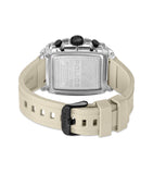 Back of a clear rectangular watch with a silver-toned case back, black pushers, and a beige silicone strap with a black buckl