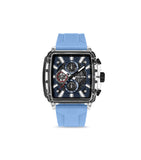 Square watch with clear TR90 case, blue textured chronograph dial, and light blue silicone strap. Black crown.