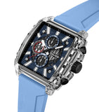 Clear rectangular TR90 watch with a textured blue dial, three black sub-dials, white markers, and black pushers/crown. Light