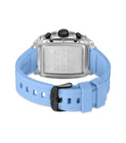 Back view of a watch with a clear rectangular case, silver-toned case back, black buttons, and a light blue silicone strap wi