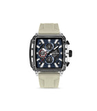 Rectangular watch with clear TR90 case, black pushers, blue textured dial with white markers & three sub-dials, and a beige s