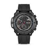 Gunmetal black textured watch with a black dial, three subdials, white markers, red accents, and a black silicon strap.