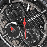 Black watch with striped dial, three sub-dials, gunmetal-toned case, white-tipped hands, red second hand, and date window.