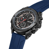 Gunmetal-toned watch with black dial, three sub-dials, white markers, and a blue textured silicone strap.