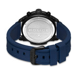 Back view of a watch with a black case, silver-toned stainless steel caseback with Police logo, and a dark blue silicone stra