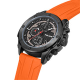 Black-toned watch with a black dial, three sub-dials, white markers, date window, and an orange textured silicone strap.