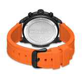 Black gunmetal-toned watch with a silver-toned stainless steel caseback and an orange silicon strap with a black Police buckl