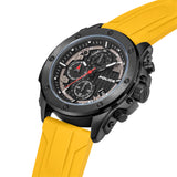 Black gunmetal-toned watch with a black chronograph dial, white markers, and red accents, on a textured yellow silicone strap