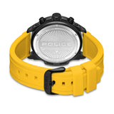 Black watch with silver-toned stainless steel caseback, sunburst pattern, and 'POLICE' logo, on a yellow silicon strap with a