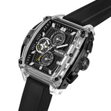 Rectangular watch with clear plastic case, black textured dial, white markers, white hands, yellow second hand, and black sil