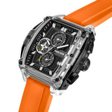 Rectangular watch with a clear case, black dial with three sub-dials and yellow accents, and an orange silicone strap.