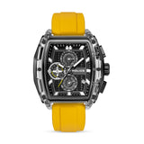 Rectangular transparent watch with black accents, black textured dial, three sub-dials, and a bright yellow silicone strap.