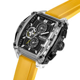 Rectangular watch with a clear and black case, black textured chronograph dial with white markers, yellow accents, and a yell