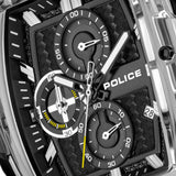 Black watch with textured dial, three black sub-dials, white hands, yellow-tipped second hand, white markers, date window. Si
