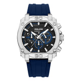 Police men's watch with a silver-toned stainless steel case, black and blue dial, and a dark blue silicone strap.