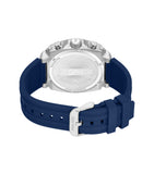 Back of a watch with a silver-toned stainless steel case, engraved 'POLICE' logo, and a dark blue silicone strap with a silve