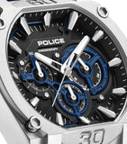 Silver-toned stainless steel chronograph watch with a black dial, blue sub-dials, white luminous hands and markers, and a blu