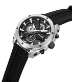 Silver-toned stainless steel watch with a black multi-dial face, silver-toned hands, and a black textured silicone strap.