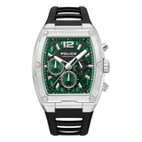 Police men's chronograph watch with a silver-toned stainless steel tonneau case, green textured dial, and black silicone stra