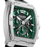 Silver-finished stainless steel watch with a rectangular case, green textured dial, three sub-dials, and a black silicon stra