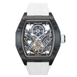 Police tonneau-shaped automatic watch with a black case, blue accents, white silicon strap, and a skeleton dial revealing sil