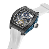 Tonneau watch with gunmetal-toned and blue case, skeleton dial with blue/silver-toned gears, gold-toned balance wheel, white
