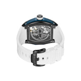 Watch with black-toned case, blue-toned top edge, clear back showing gears, white silicone strap, black-toned buckle.