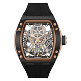 Black tonneau-shaped watch with a skeleton dial, rose-gold toned accents, and a black silicon strap
