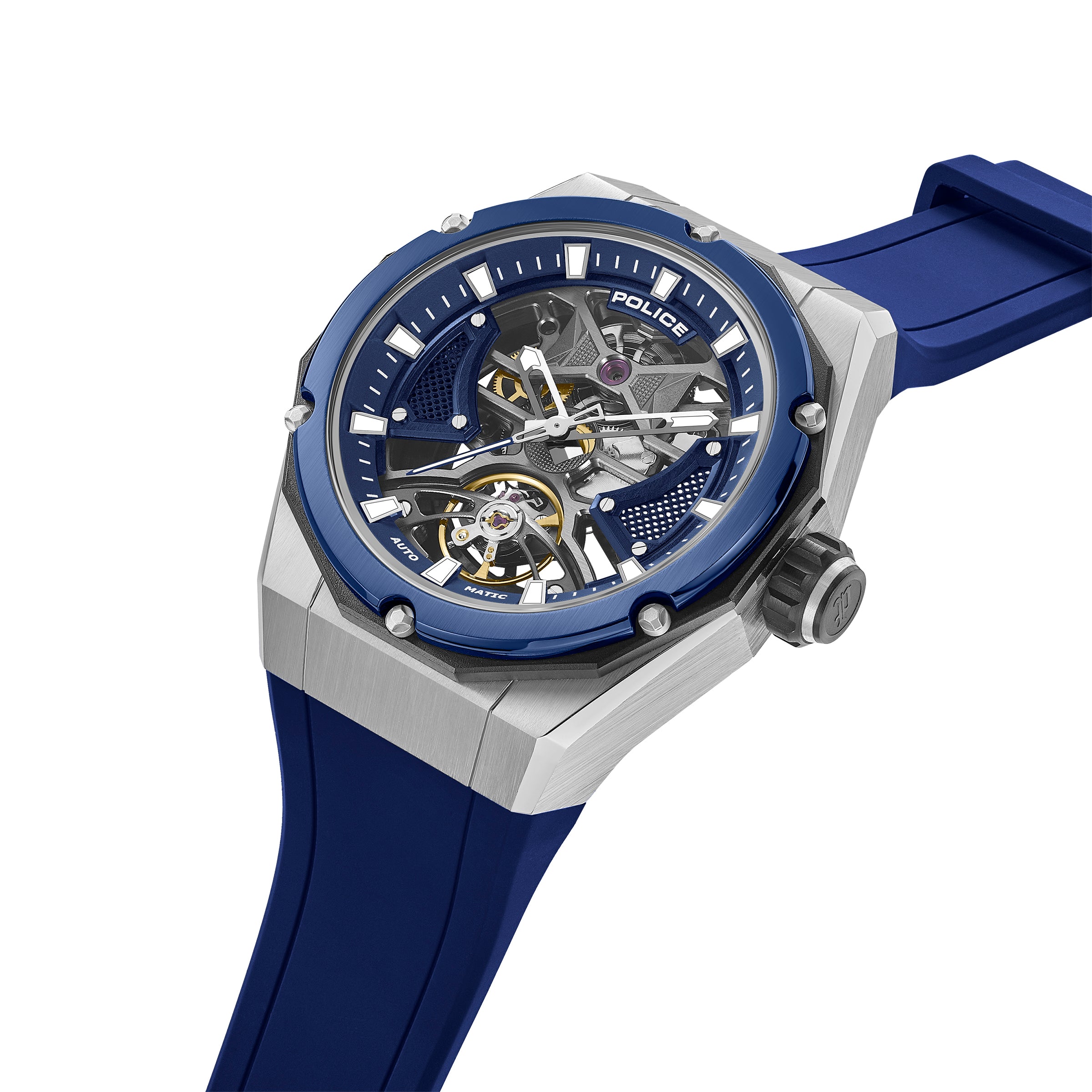 Silver-toned angular watch with blue bezel, skeletonized blue dial showing internal silver and gold-toned gears, blue silicon