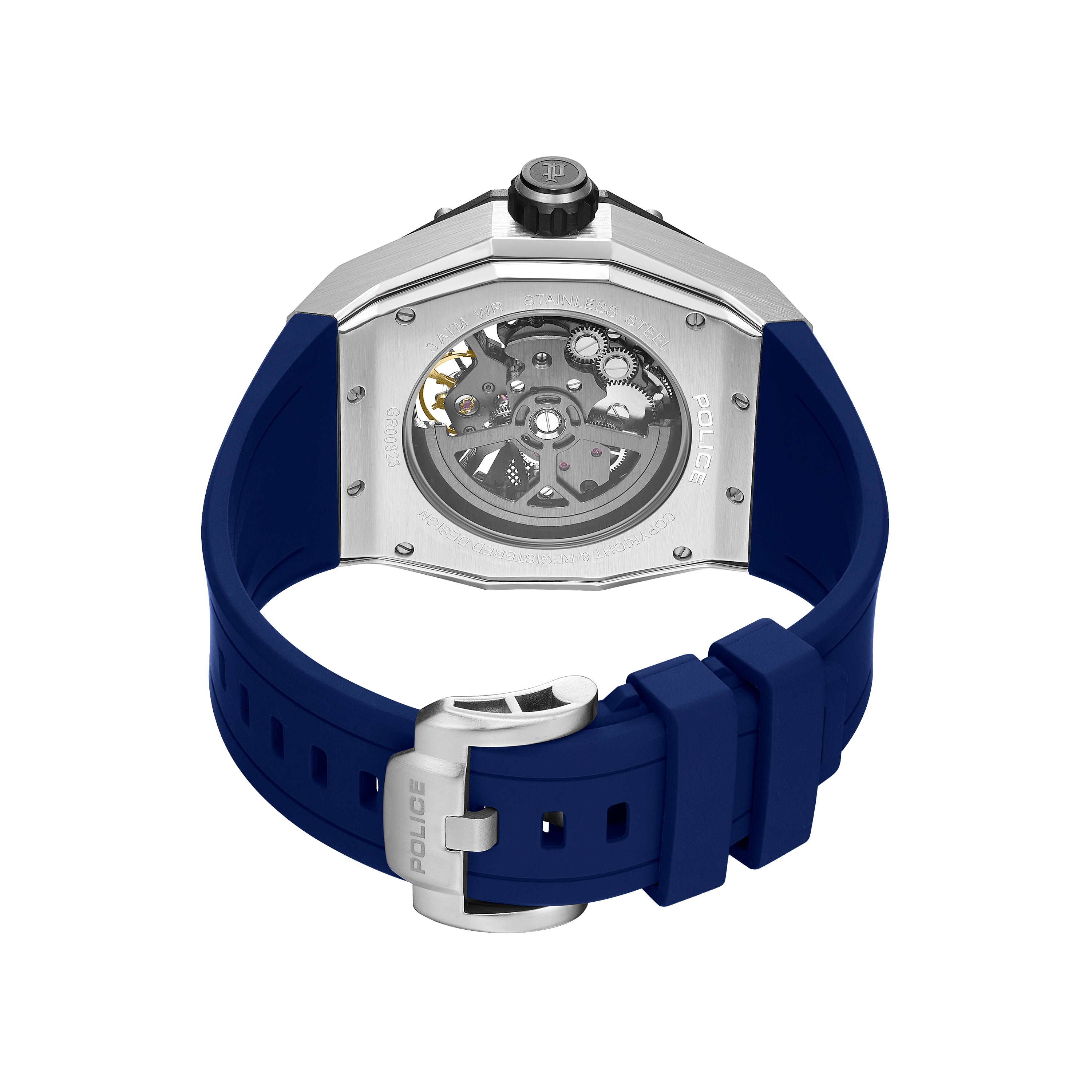 Back view of a watch with a silver-toned stainless steel angular case, a clear skeleton back, and a blue silicone strap with
