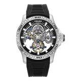 Police men's automatic watch with a silver-toned stainless steel case, black skeleton dial, and black textured silicon strap.