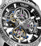 Silver-toned skeleton watch with black outer dial, silver-toned markers, and visible gunmetal-toned gears, gold-toned accents