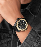 Police Electrical Gents Black Dial Black Gold Plated Case Black Leather Strap Watch