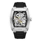 Police automatic watch with a silver-toned steel tonneau case, black skeleton dial, and black silicone strap.