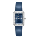 Police women's watch with a rectangular silver-toned case, crystal-set bezel, blue dial, and blue leather strap.