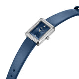 Silver-toned rectangular watch with a blue dial, clear stones on the bezel, and a blue leather strap with visible holes.