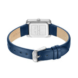 Back of a rectangular silver-toned watch with a blue leather strap, light brown interior, and silver-toned buckle. Police log