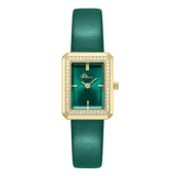 Police women's watch with a rectangular gold-toned case, green dial, crystal-embellished bezel, and a green leather strap.