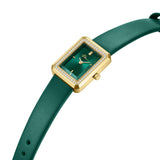 Rectangular gold-toned watch with a green dial, clear stone-studded bezel, and a green leather strap.