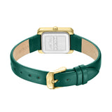 Gold-toned rectangular watch. Green leather strap with tan inner lining and gold-toned buckle. Silver-toned caseback with Pol
