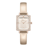 Police women's watch with rose gold-toned rectangular case, crystal-set bezel, light pink dial, and light pink leather strap.