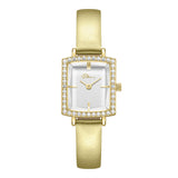 Police women's watch with a gold-toned rectangular case, white dial, crystal-embellished bezel, and a gold leather strap.
