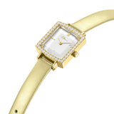Gold-toned rectangular watch with a white dial, clear stones around the bezel, and a gold-toned leather strap.