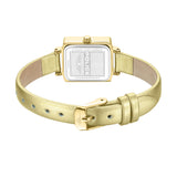 Back view of a gold-toned square watch with a gold-toned leather strap and buckle. Silver-toned stainless steel caseback with