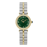Police women's watch with a round gold-toned case, green dial, crystal-embellished bezel, and two-tone silver and gold-toned