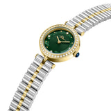 Gold-toned watch with a green textured dial, crystal-encrusted bezel, and two-toned silver and gold-toned jubilee bracelet. B