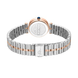 Rose-gold-toned watch with a blue crown and a two-tone silver-toned and rose-gold-toned link bracelet with an engraved clasp.