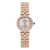 Rose gold-toned women's watch with a round case, crystal-set bezel, mother-of-pearl dial, and a link bracelet.