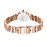 Rose-gold coloured watch with a metal link bracelet. The round case back shows 'POLICE' logo. A blue stone is on the crown. T