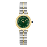 Police women's watch with a gold-toned case, green dial, crystal hour markers, and a silver-toned and gold-toned bracelet.
